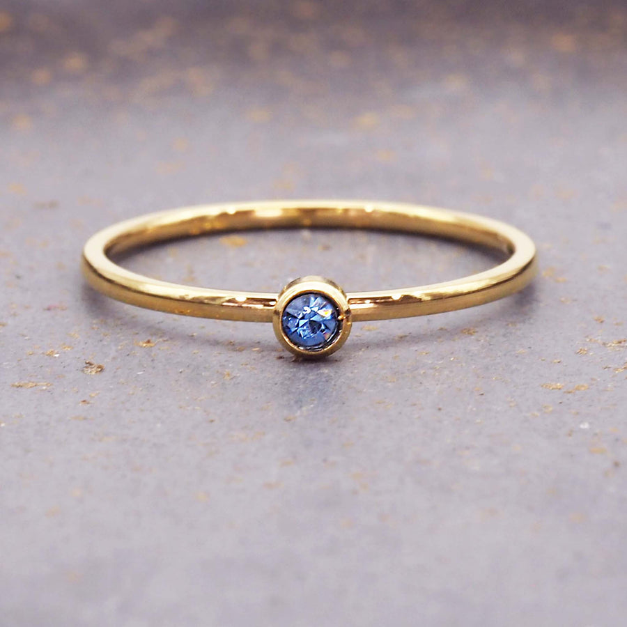 dainty March birthstone ring with blue cubic zirconia - gold waterproof jewellery - birthstone jewellery Australia - Australian jewellery brand