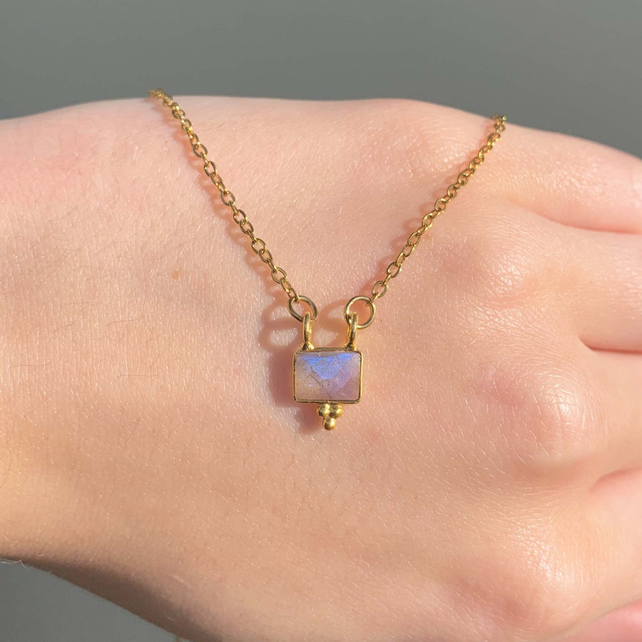 dainty gold gemstone necklace - stainless steel necklace with natural labradorite gemstone and gold plating - hand made jewellery by online jewellery brand indie and harper