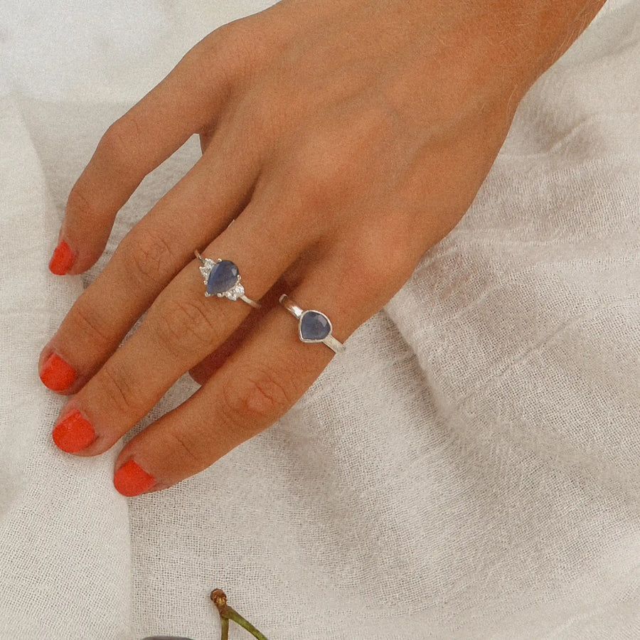 Sterling silver labradorite rings being worn - women’s boho jewellery by Australian jewellery brands indie and harper