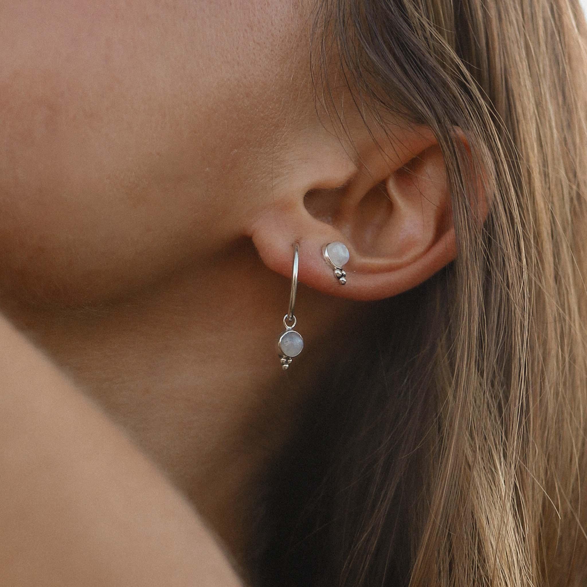 woman wearing Dainty Moonstone earrings - womens moonstone jewellery by Australian jewellery brands indie and harper