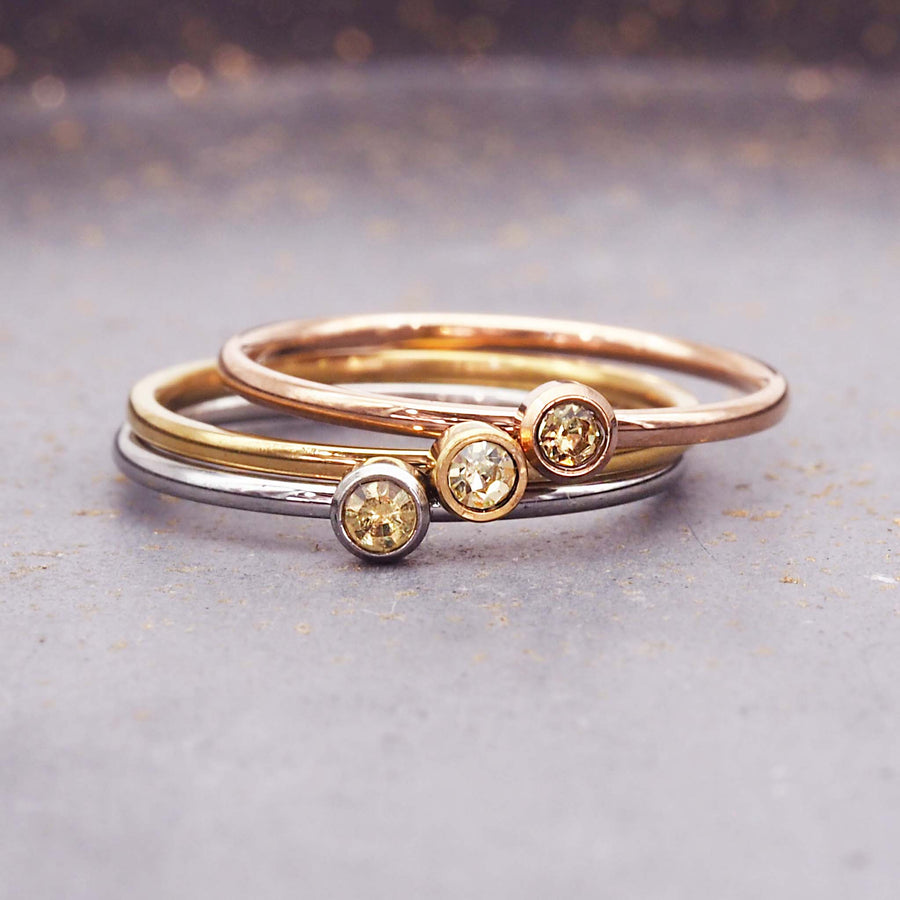 November birthstone rings in silver, gold and rose gold - waterproof jewellery by Australian jewellery brands indie and Harper 