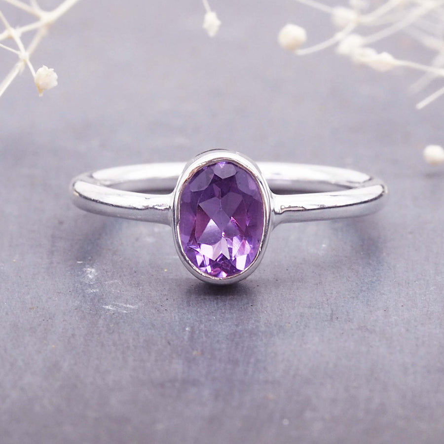 Sterling silver dainty oval amethyst ring - amethyst jewellery by online jewellery brand indie and harper