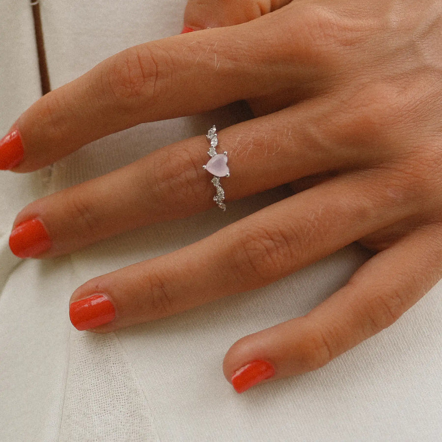 Sterling silver dainty pink heart opal ring being worn - opal jewellery by australian jewellery brands indie and Harper