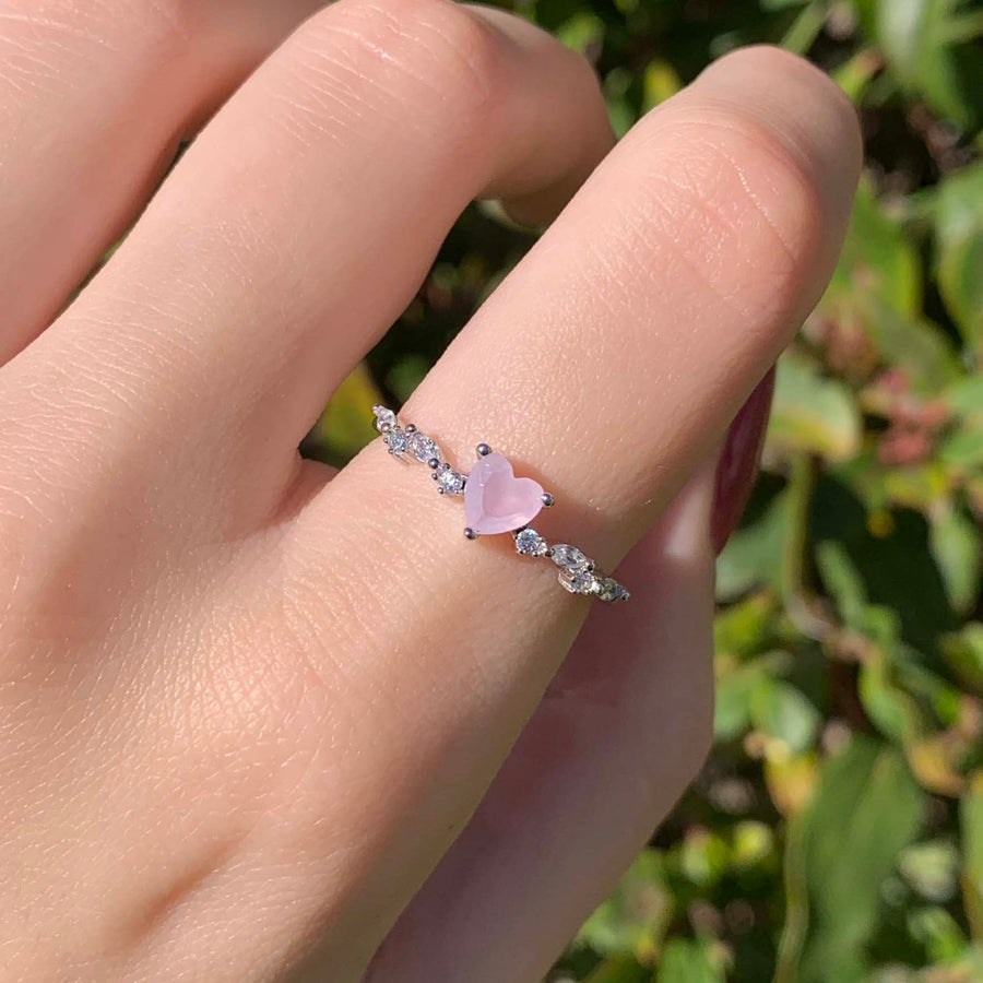 pink heart opal ring being worn - pink opal jewellery by Australian jewellery brands indie and Harper