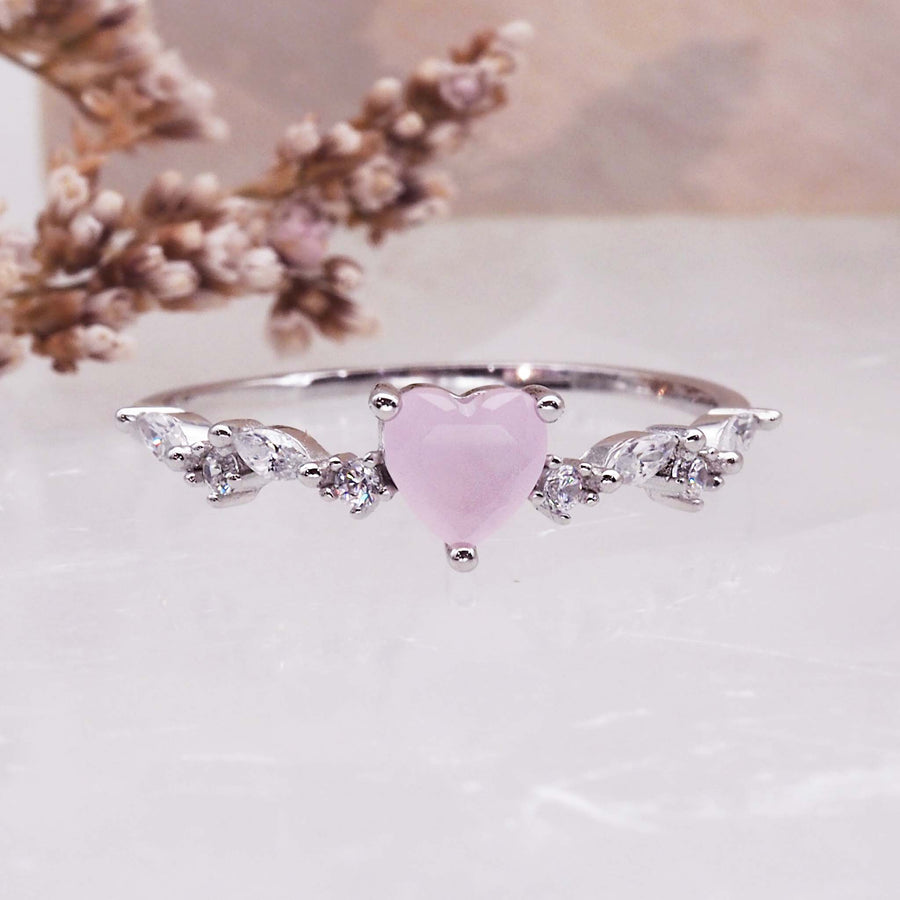 dainty pink opal heart ring - dainty rings for women made with sterling silver, natural pink opals and cubic zirconia - find promise rings online with online jewellery brand indie and harper