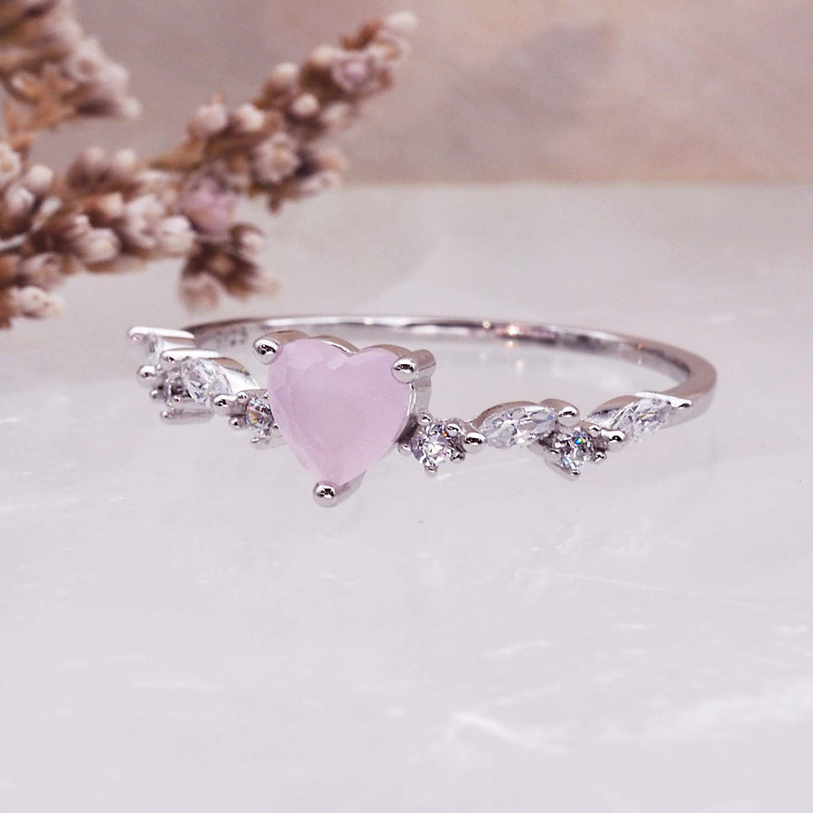 dainty pink opal heart ring - sterling silver promise ring with natural pink opal and cubic zirconia - promise rings by online jewellery brand indie and harper