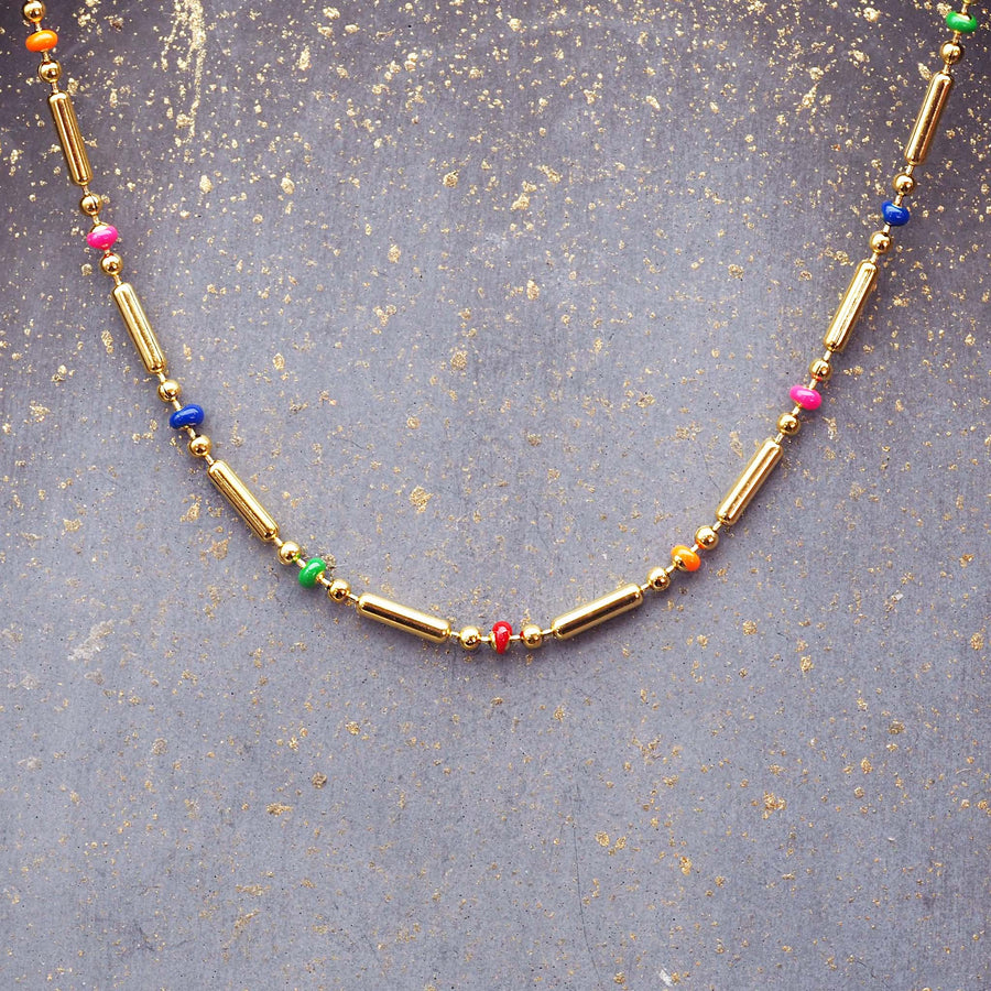 Dainty rainbow and gold beaded necklace - women’s gold jewellery Australia by Australian jewellery brands indie and harper