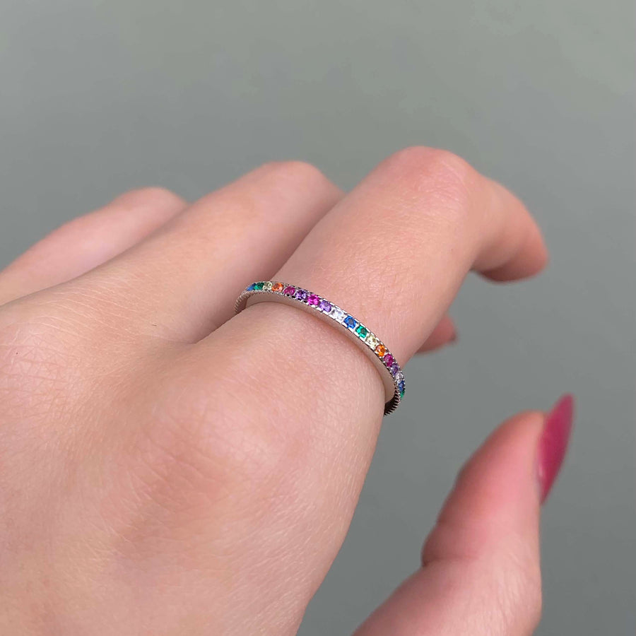 dainty rainbow stacking ring - made with sterling silver and dainty colourful cubic zirconia this is the perfect stacking rind - dainty women's rings by online jewellery brand indie and harper