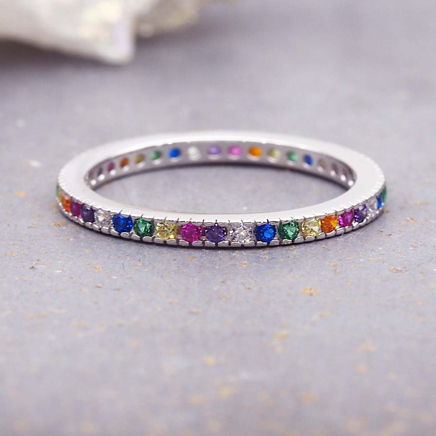 dainty rainbow stacking ring - made with colourful dainty cubic zirconia and sterling silver this makes for the perfect stacking ring or promise ring - a must-have for any women's ring collection by online jewellery brand indie and harper
