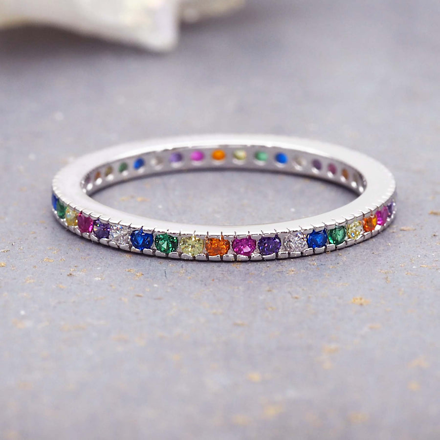 dainty rainbow stacking ring - made with sterling silver and dainty cubic zirconia - this colourful ring is by indie and harper is the perfect stacking ring