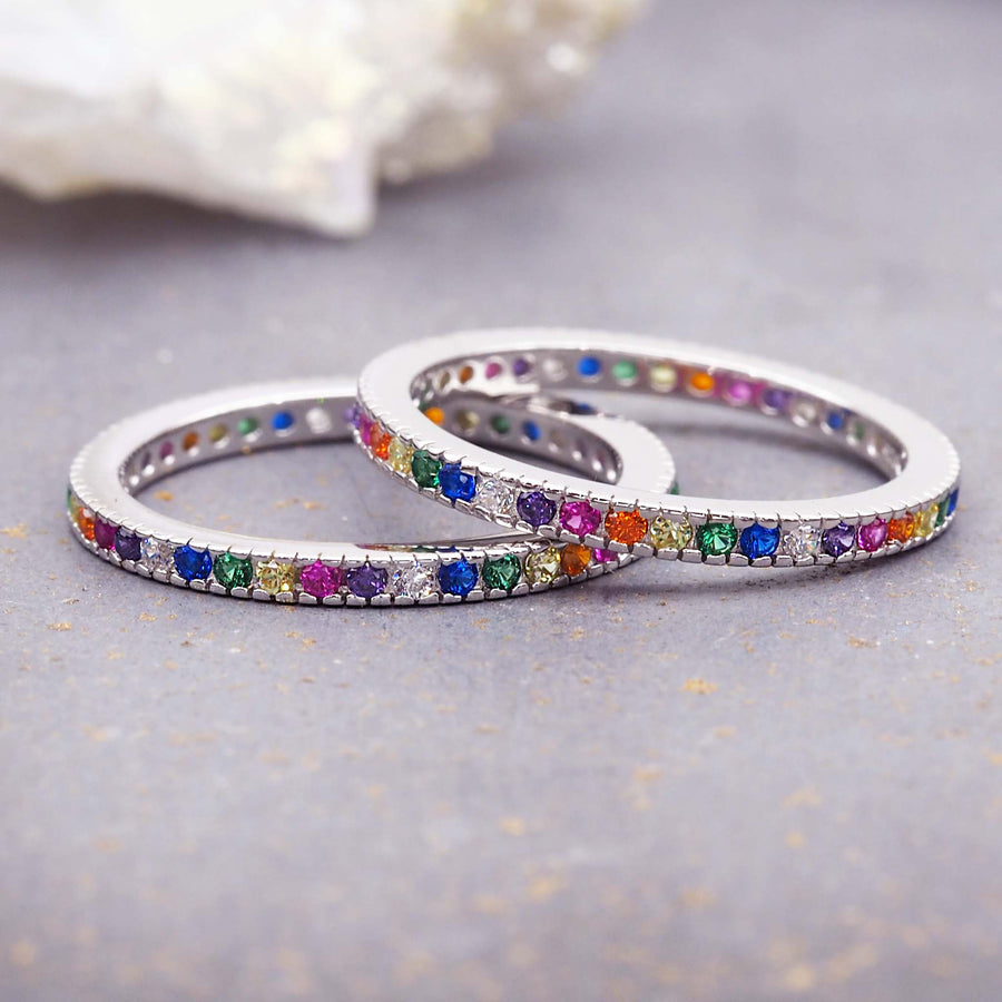 dainty rainbow stacking ring - stacking rings for women made with sterling silver and beautiful colourful cubic zirconias - dainty rings by online jewellery brand indie and harper