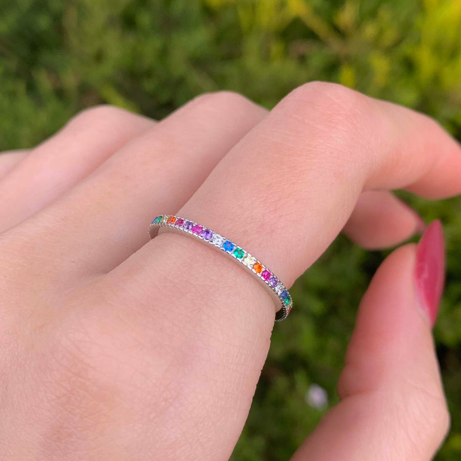 dainty rainbow stacking ring - dainty sterling silver ring made with colourful cubic zirconia - stacking rings online by indie and harper