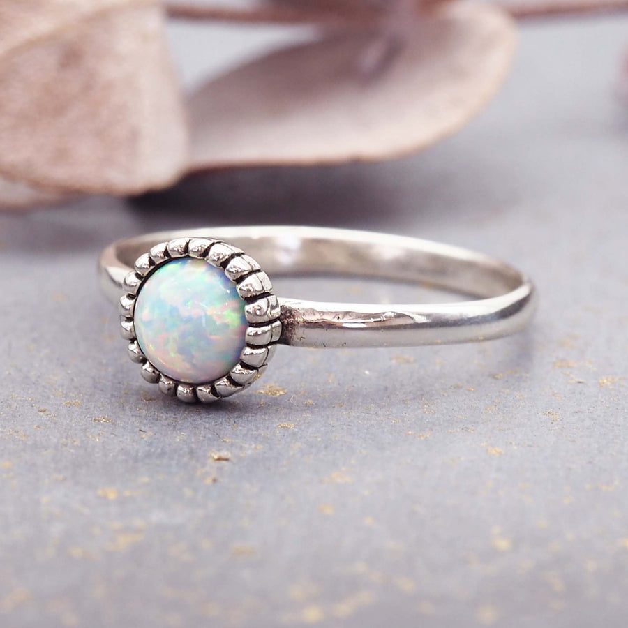 dainty opal ring made with sterling silver and white synthetic opal - dainty jewellery for women by online jewelry brand indie and harper