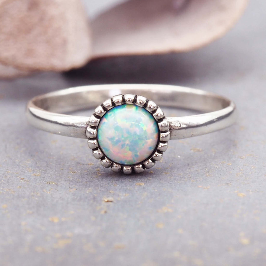 dainty round opal ring made with synthetic opal and oxidised detailing - women's rings by online jewellery brand indie and harper