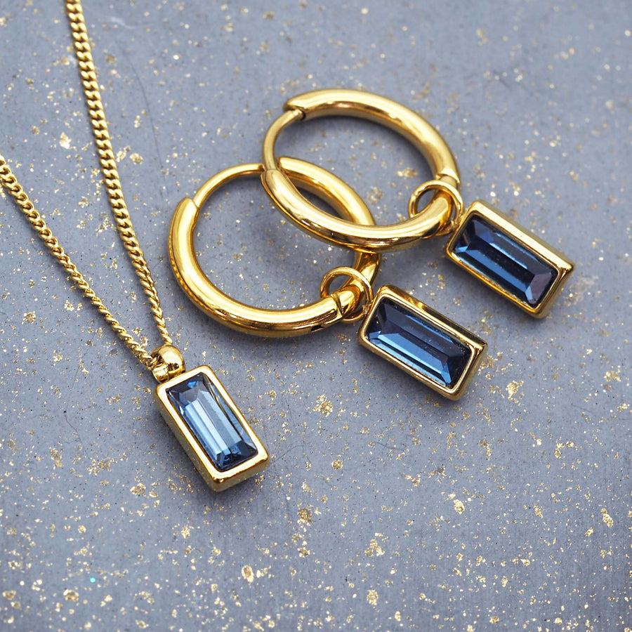 dainty sapphire blue and gold necklace and gold earrings - gold jewellery by australian waterproof jewellery brands indie and harper