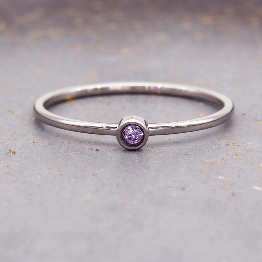 dainty February birthstone ring with purple cubic zirconia - waterproof jewellery - birthstone jewellery Australia - Australian jewellery brand