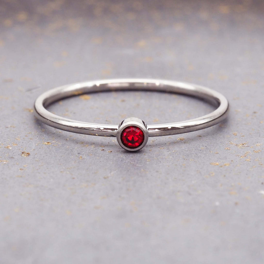 dainty january birthstone ring with red cubic zirconia - waterproof jewellery - birthstone jewellery Australia - Australian jewellery brand