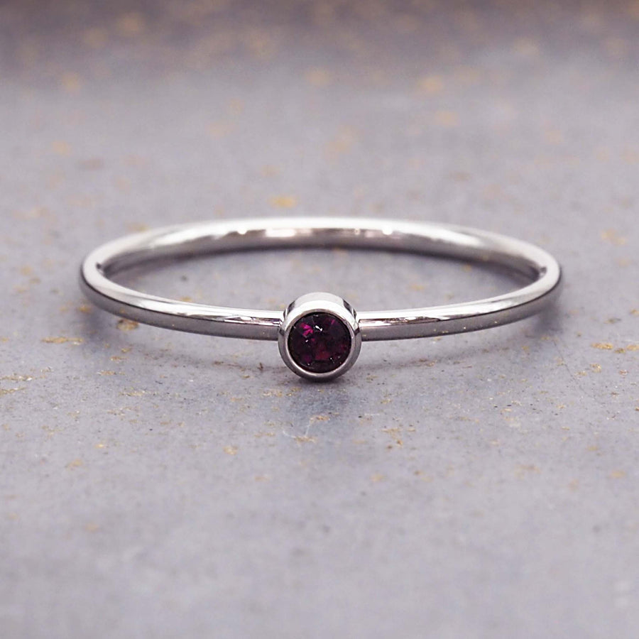 dainty June birthstone ring with deep red purple cubic zirconia - waterproof jewellery - birthstone jewellery Australia - Australian jewellery brand