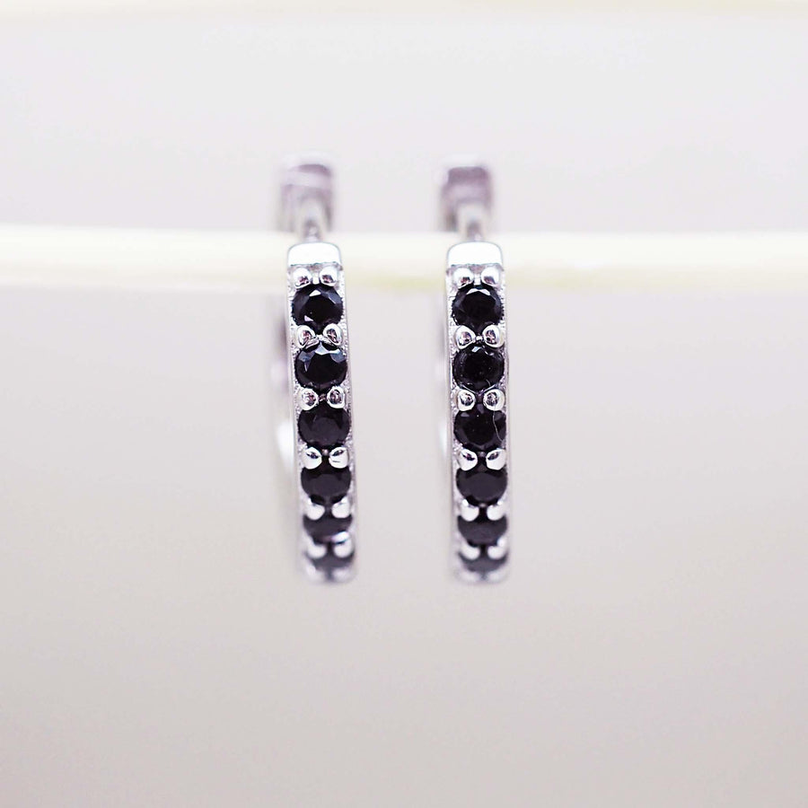 Sterling Silver dainty silver huggie earrings with black cubic zirconias - womens jewellery by Australian jewellery brands online indie and Harper 