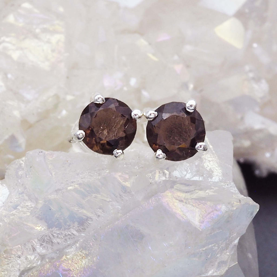 dainty smokey quartz earrings - sterling silver earrings with claw set natural smokey quartz gemstone and classic post and backing - dainty jewellery for women by online jewellery brand indie and harper