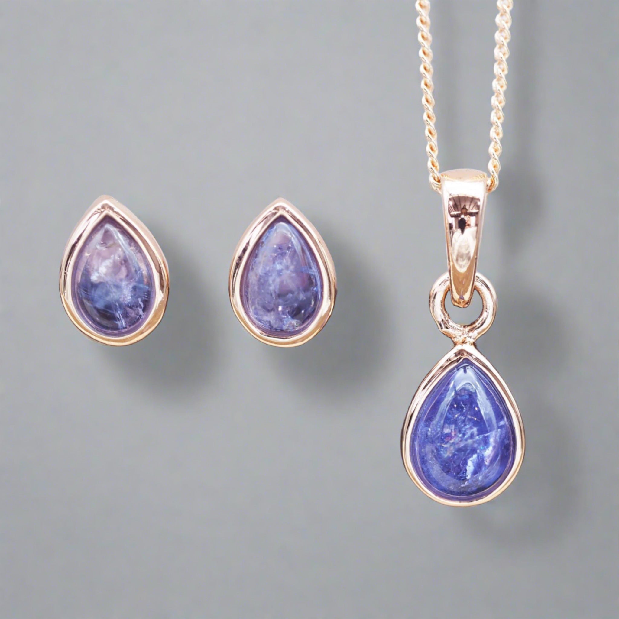 December Birthstone rose gold tanzanite earrings and tanzanite necklace by Australian jewellery brands indie and harper