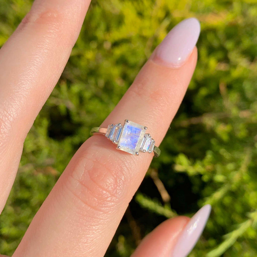 woman wearing sterling silver topaz stone and moonstone ring - moonstone jewellery by australian jewellery brands indie and harper