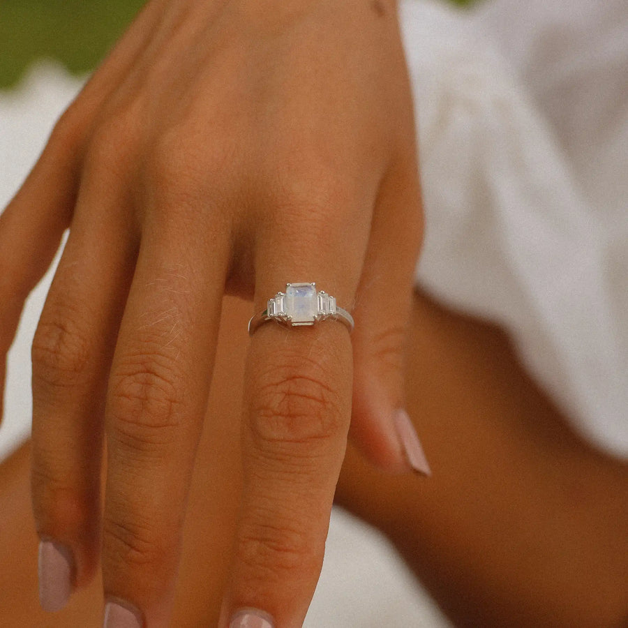 woman wearing sterling silver deco moonstone ring - moonstone jewellery by australian jewellery brand indie and harper