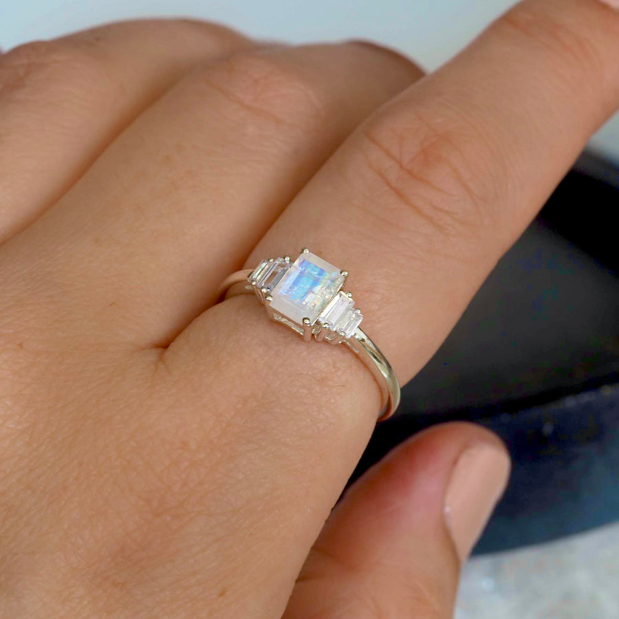 Sterling silver white topaz stone and moonstone ring being worn - moonstone jewellery by Australian jewellery brands indie and harper