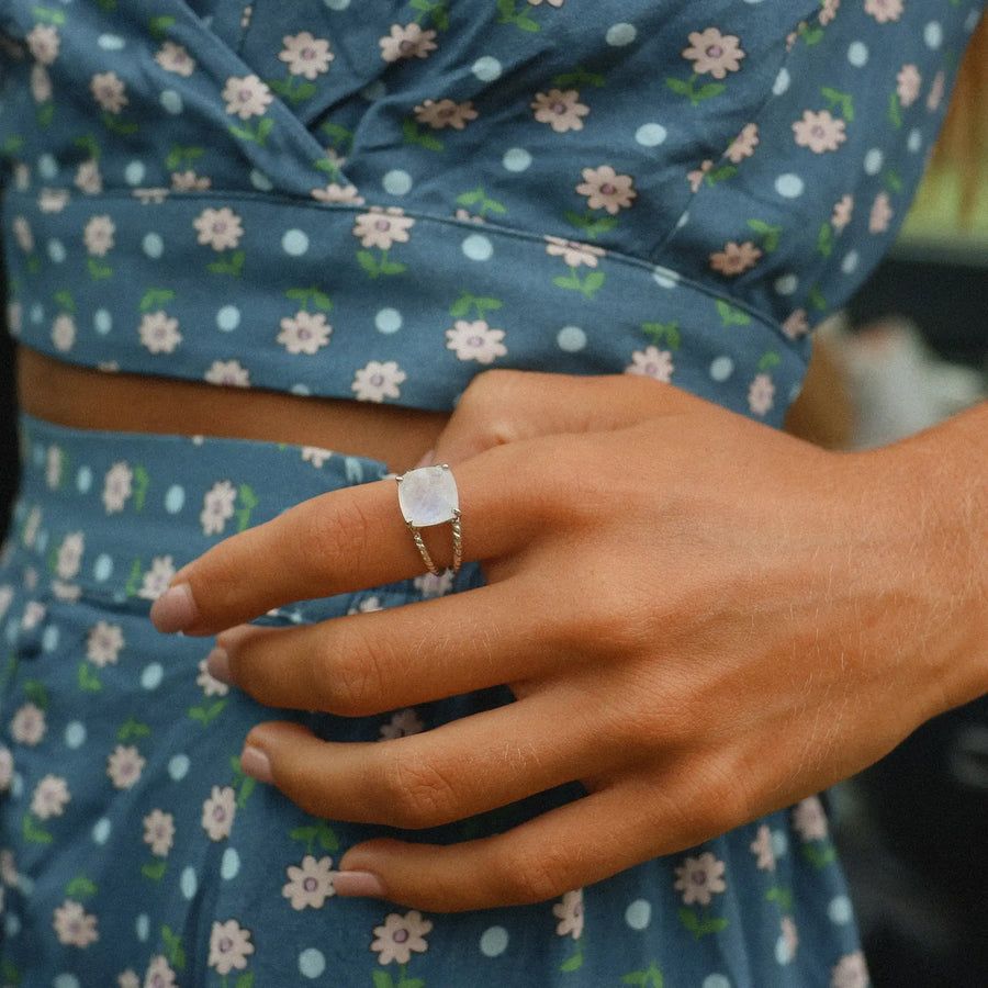 Woman wearing Sterling silver moonstone ring - women’s moonstone jewellery by Australian jewellery brands online indie and harper