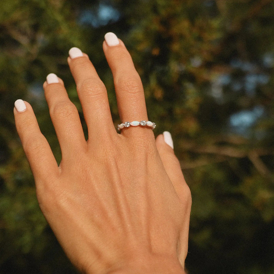 everlasting opal ring being worn - womens white opal jewellery by australian jewellery brands indie and Harper