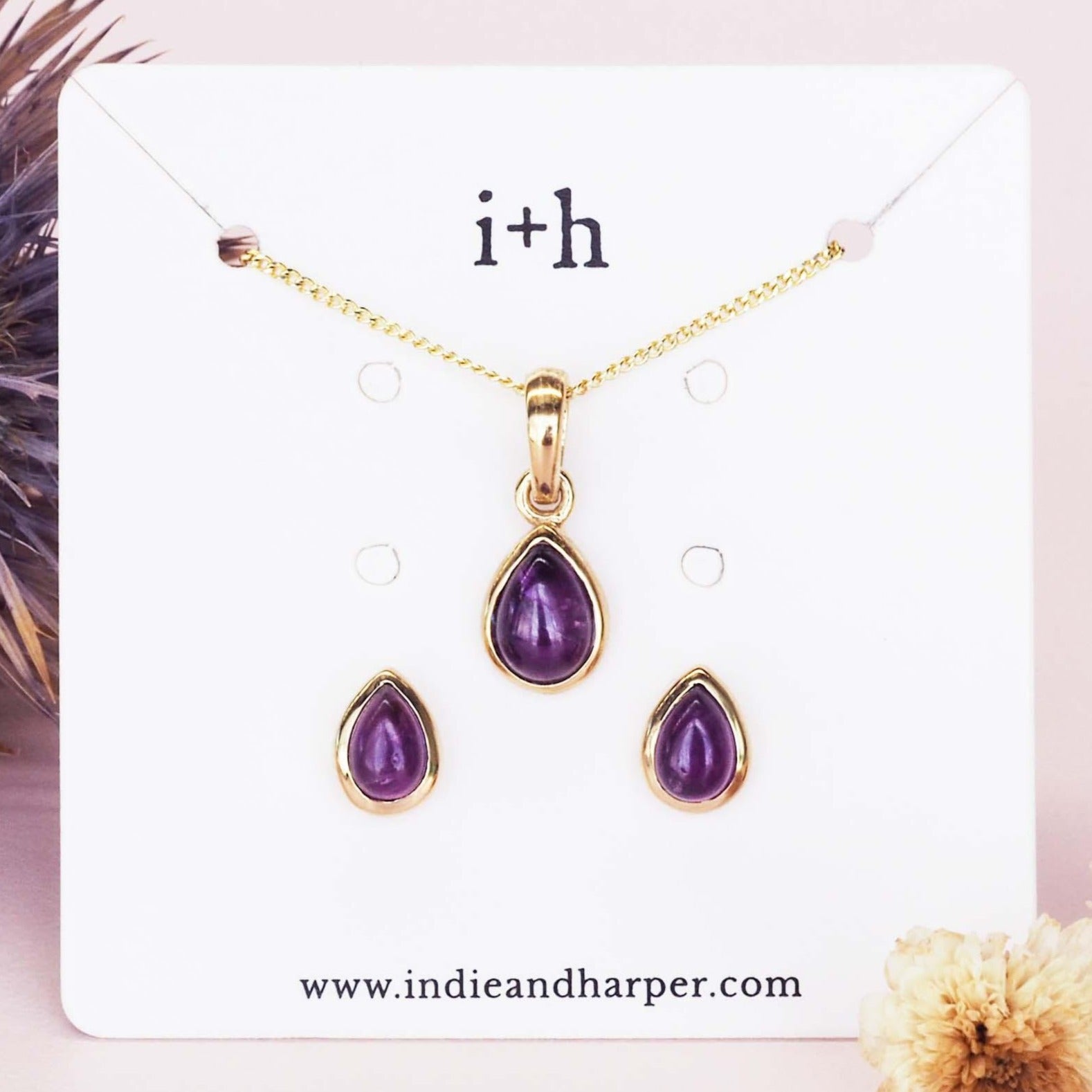 February Birthstone amethyst necklace and amethyst earrings - gold jewellery by australian jewellery brand indie and Harper