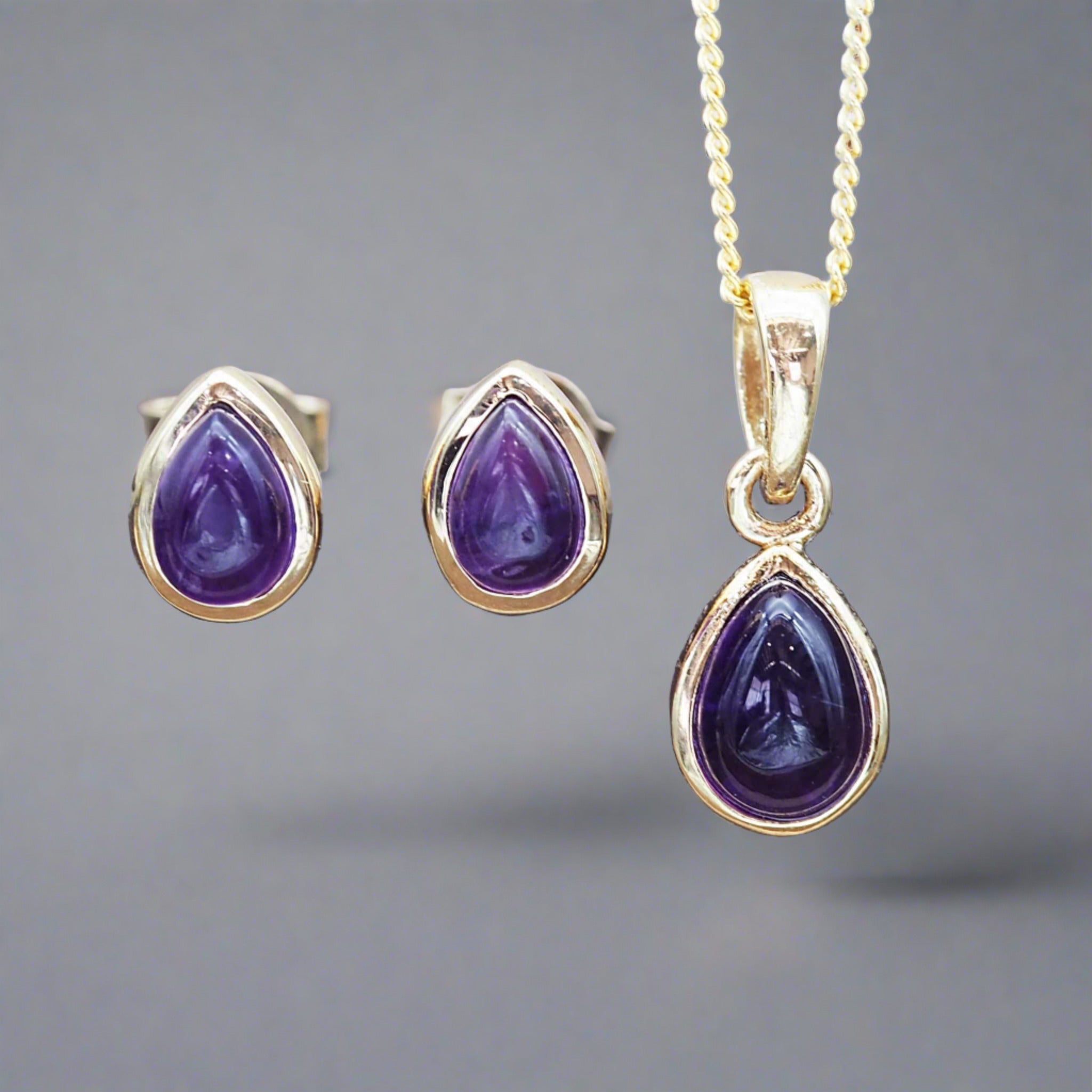 February Birthstone amethyst necklace and amethyst earrings - gold jewellery by australian jewellery brand indie and Harper