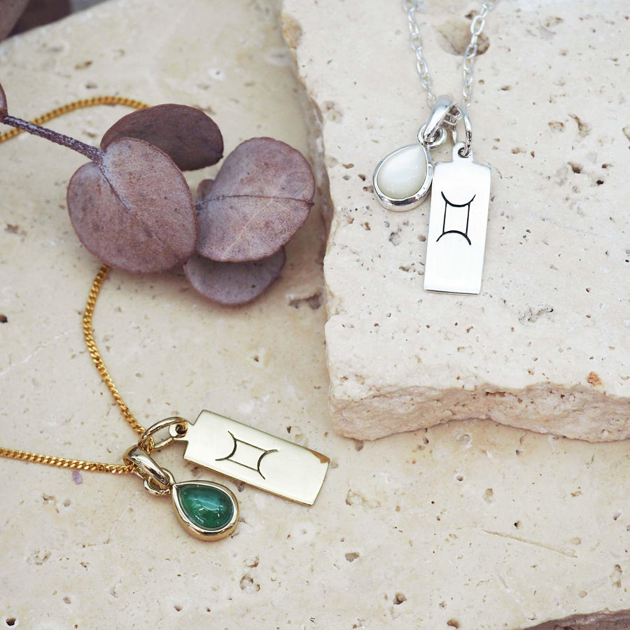 Gemini Necklaces with may birthstone and june birthstone pendants - star sign jewellery by australian jewellery brands indie and harper