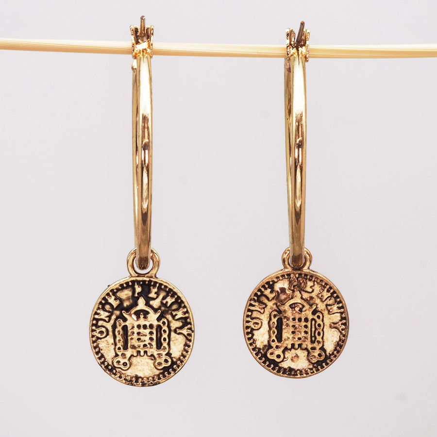 gold bohemian coin hoops - women's earrings with classic hoop design and double-sided coin charms - bohemian jewellery online by indie and harper