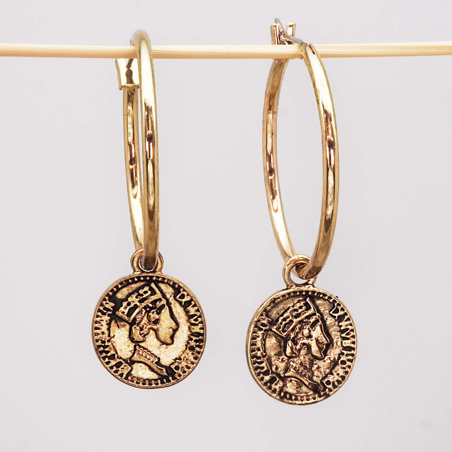 gold bohemian coin hoops - women's hoop style earrings with dainty coin charms - bohemian earrings by online jewellery brand indie and harper