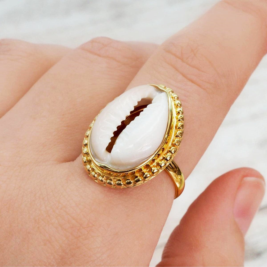 Gold Cowrie Shell Ring being worn - womens cowrie shell jewellery by australian jewellery brands online indie and harper