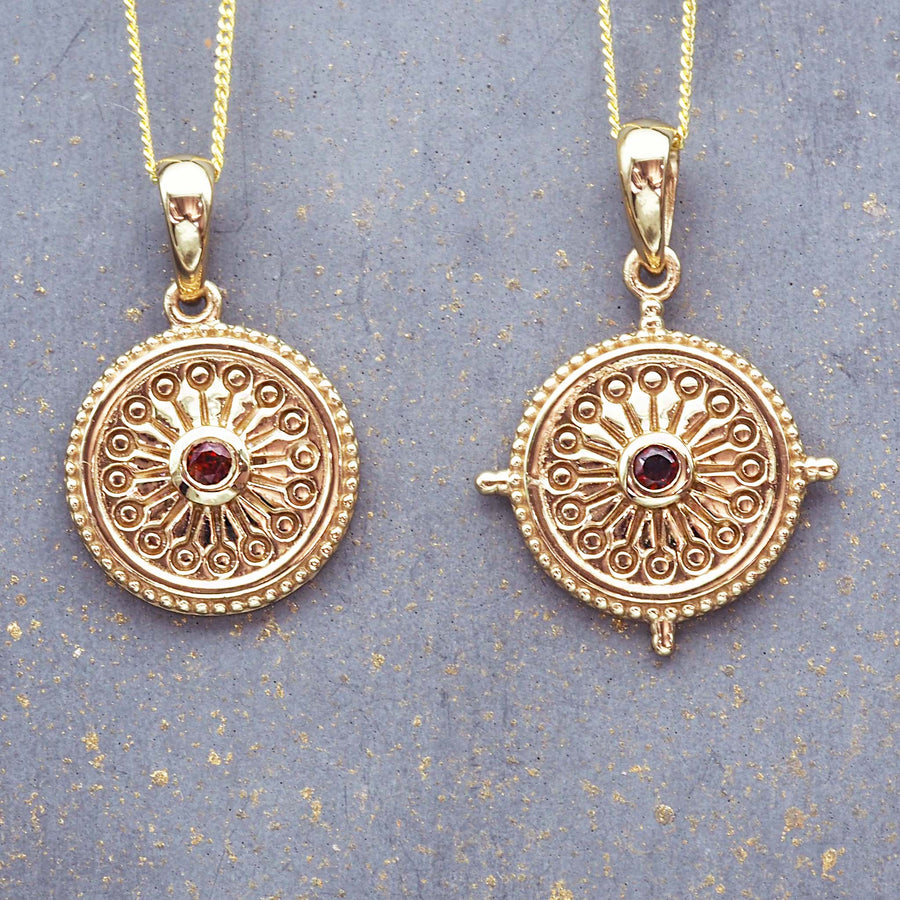 gold dainty flower garnet necklace - sterling silver necklace with 9k gold plating and natural garnet gemstone - women's gold jewellery online by indie and harper