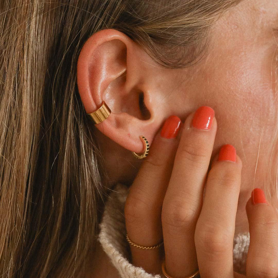 Woman wearing gold Ear Cuffs - gold jewellery by Australian waterproof jewellery brands indie and harper