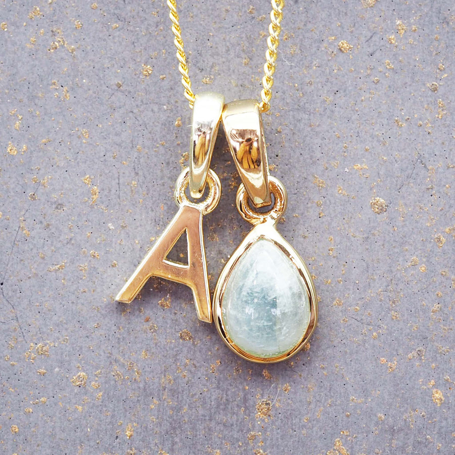 Gold Initial and March Aquamarine Birthstone Necklace