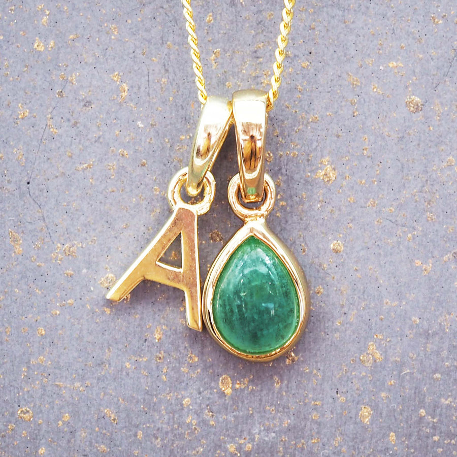 Gold Initial and May Emerald Birthstone Necklace