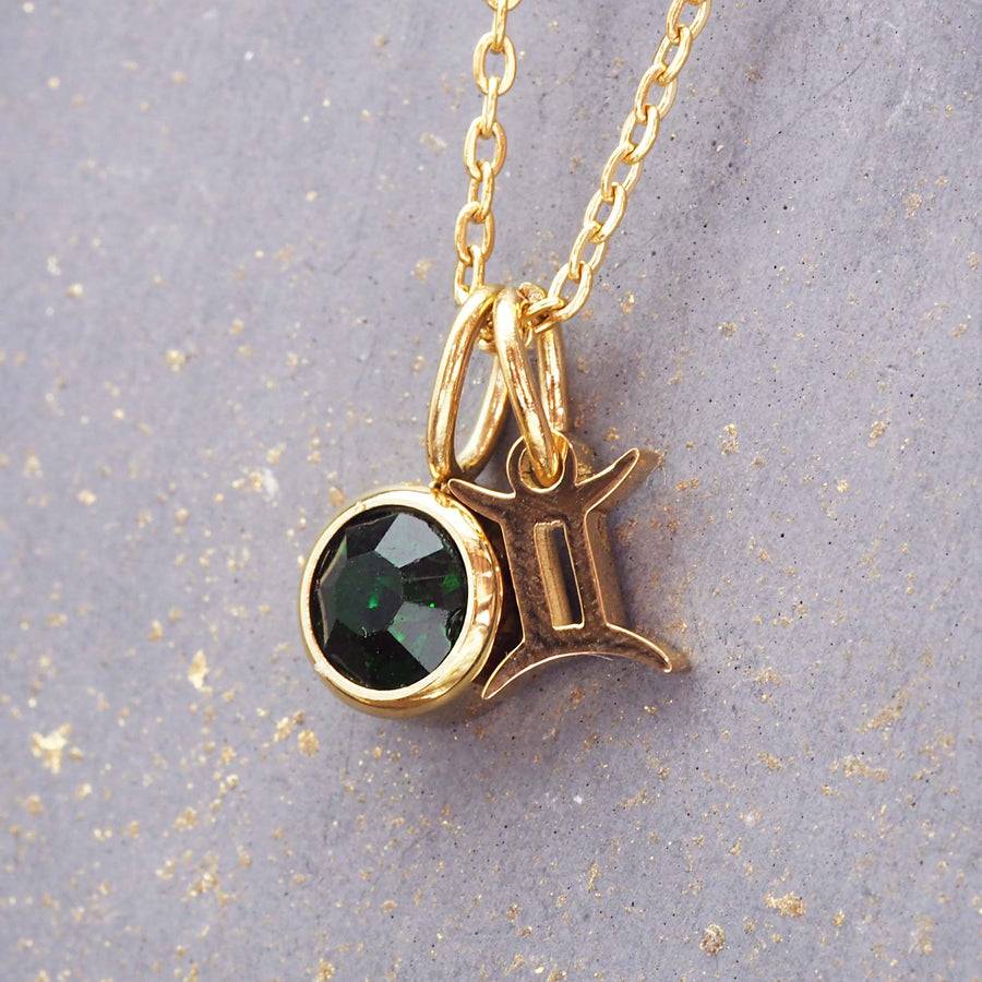 gold may gemini necklace - women's zodiac jewellery made with stainless steel, gold plating and green cubic zirconia - women's sale jewellery online by indie and harper
