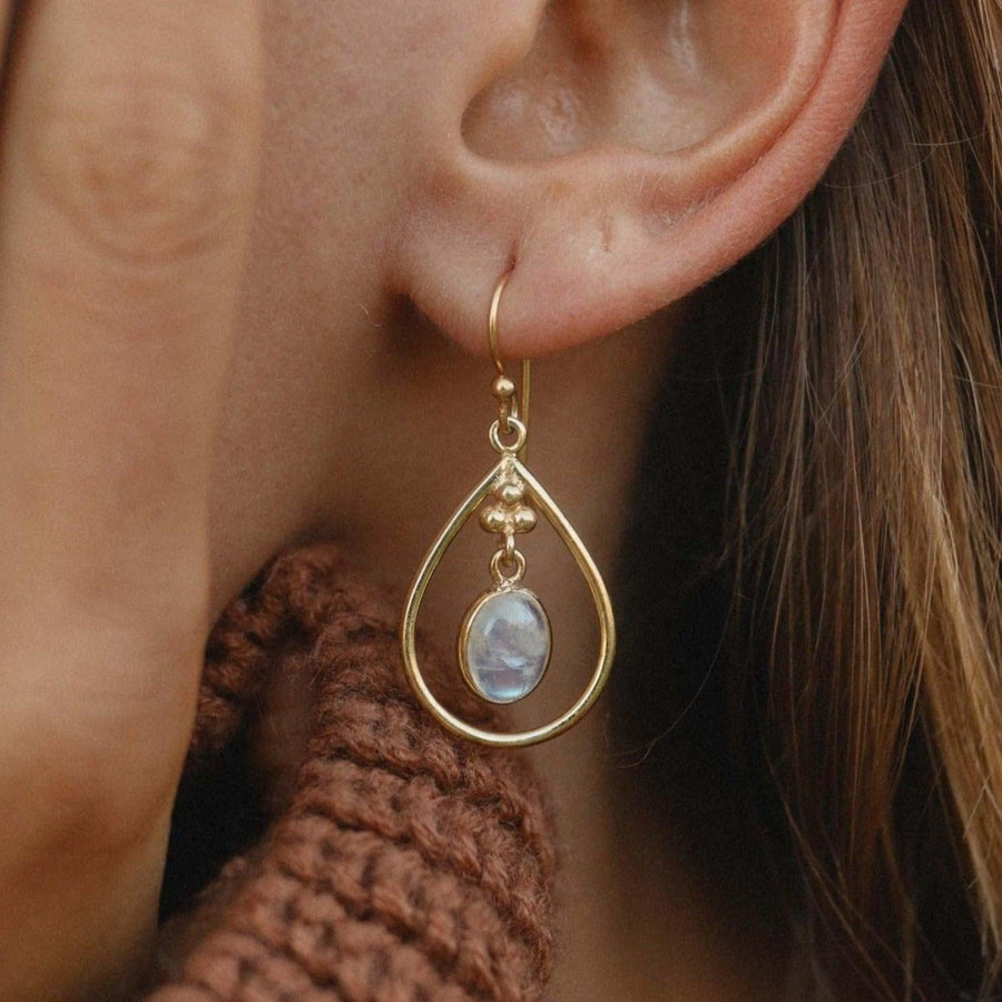 Woman wearing Gold Moonstone Earrings - womens jewellery by australian jewellery brands inde and harper