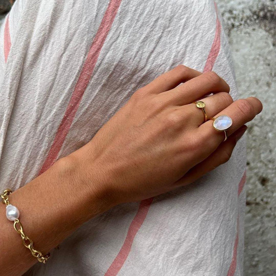 Gold Ring and Gold Moonstone Ring being worn - womens gold jewellery by australian jewellery brands online indie and harper