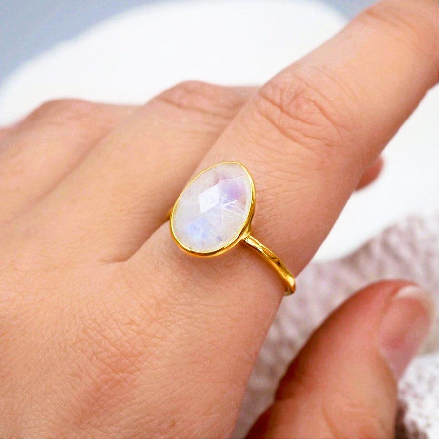 Gold Moonstone Ring being worn - womens gold jewellery by australian jewellery brands online indie and harper