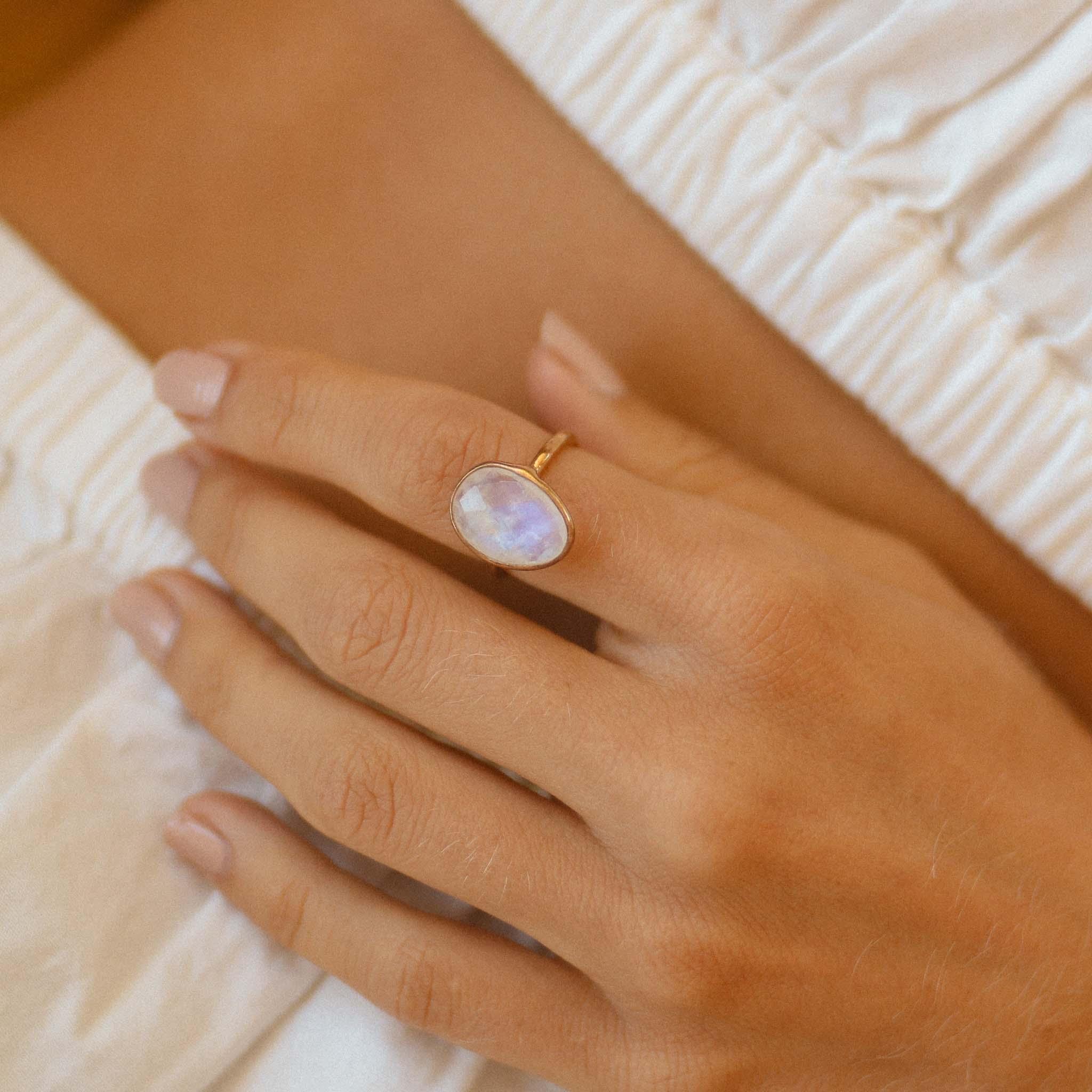 Gold Moonstone Ring being worn - womens gold jewellery by australian jewellery brands online indie and harper