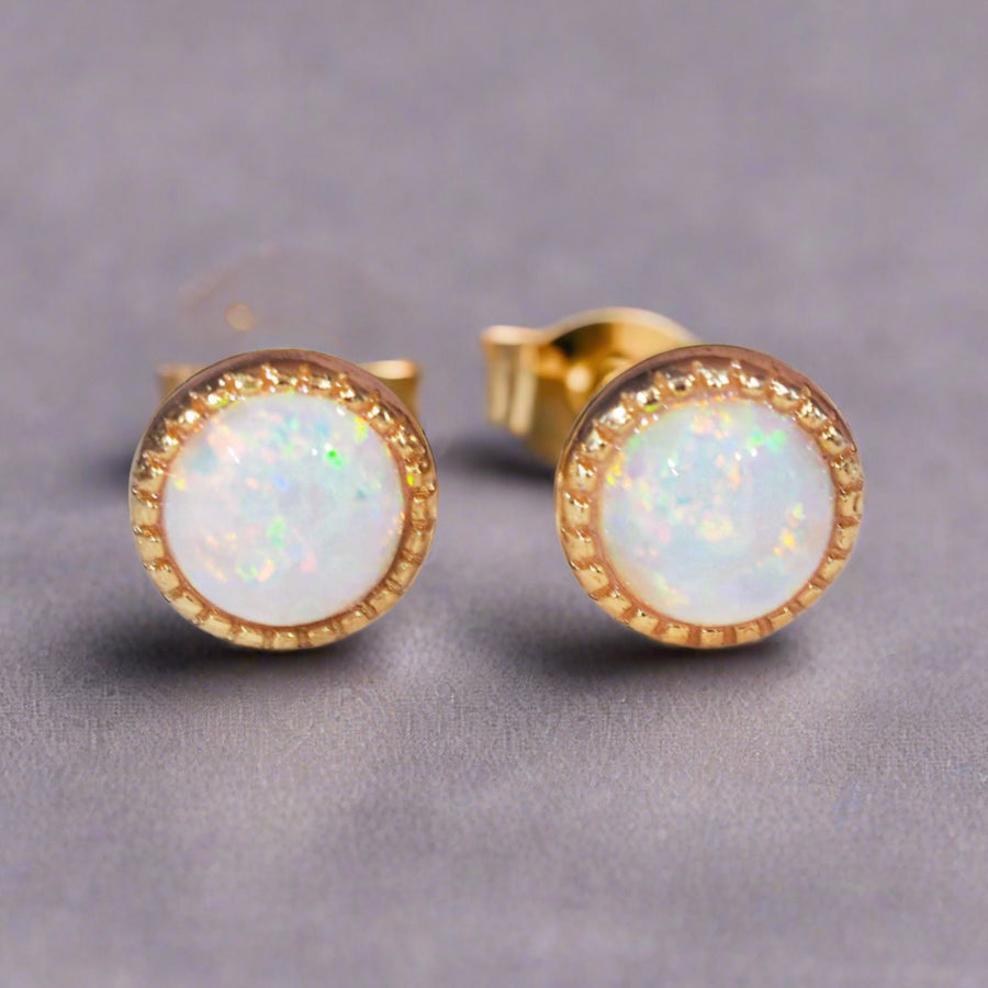 Dainty gold opal earrings - opal jewellery by australian jewellery brand indie and Harper