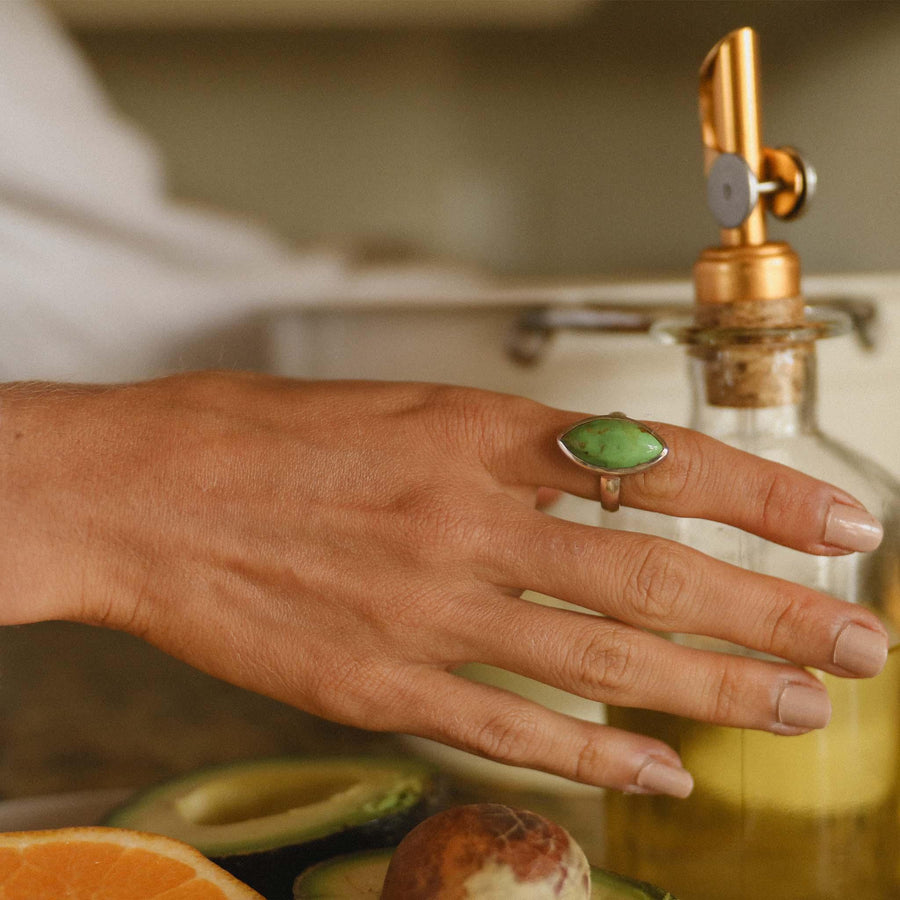 Lady wearing Green Turquoise Ring - womens jewelry by australian jewellery brand indie and harper