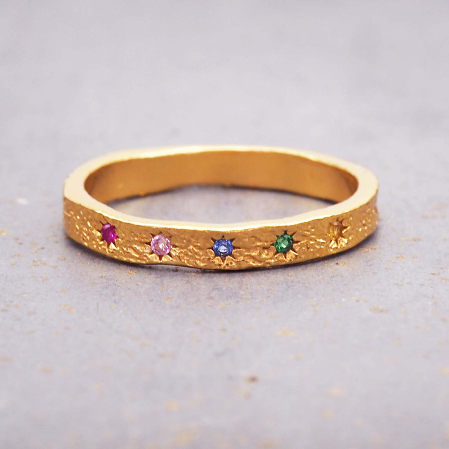 multi coloured cubic zirconia band ring made with sterling silver and gold plating - women's rings by online jewellery brand indie and harper