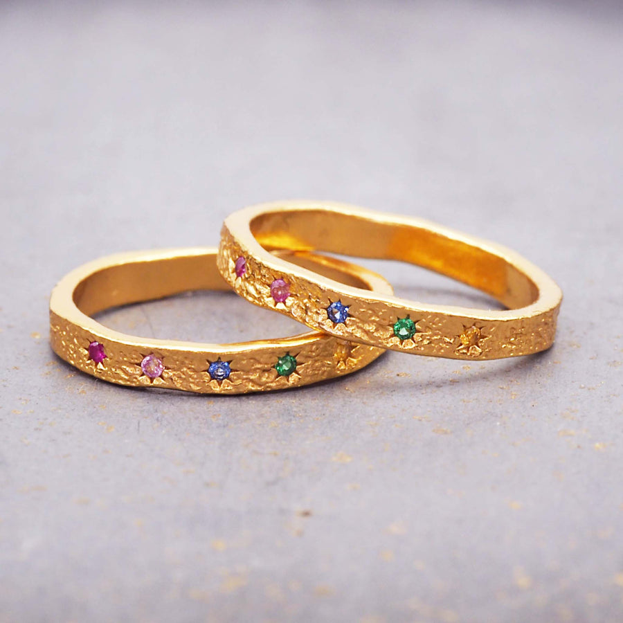 Hammered rainbow stacking ring - band ring made with gold plating over sterling silver and coloured cubic zirconia by indie and harper