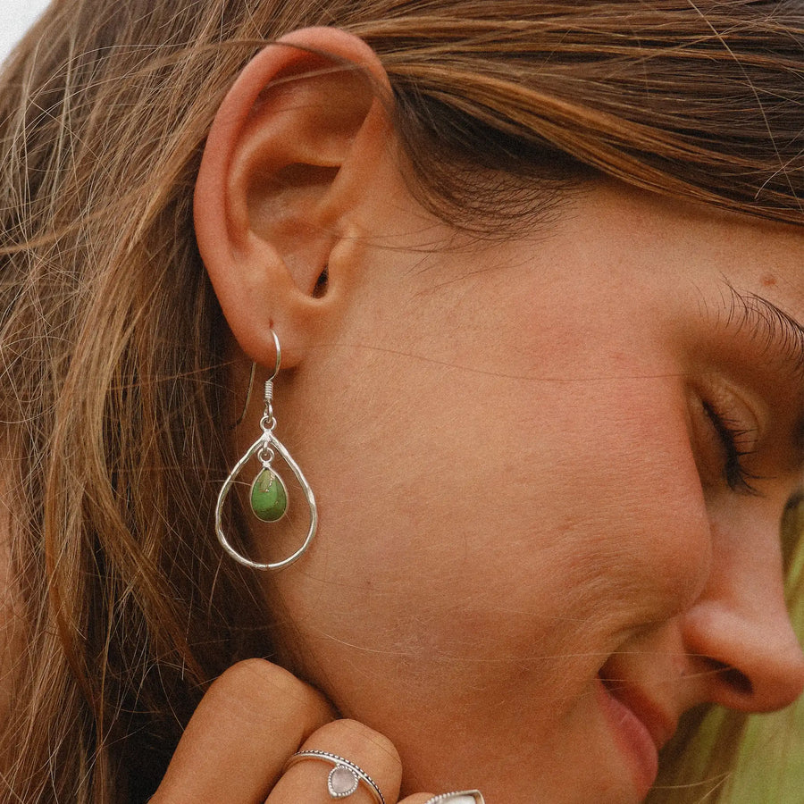 woman wearing sterling silver green turquoise earrings - boho jewellery by Australian jewellery brands online indie and Harper